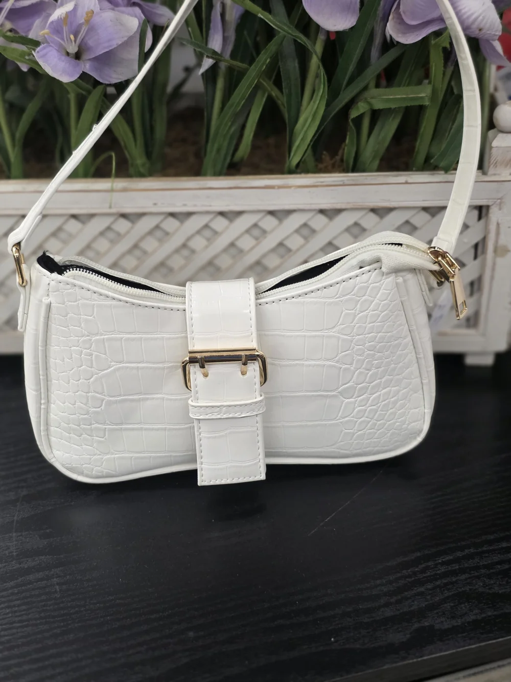 White Croc-Embossed Shoulder Bag with Gold Buckle